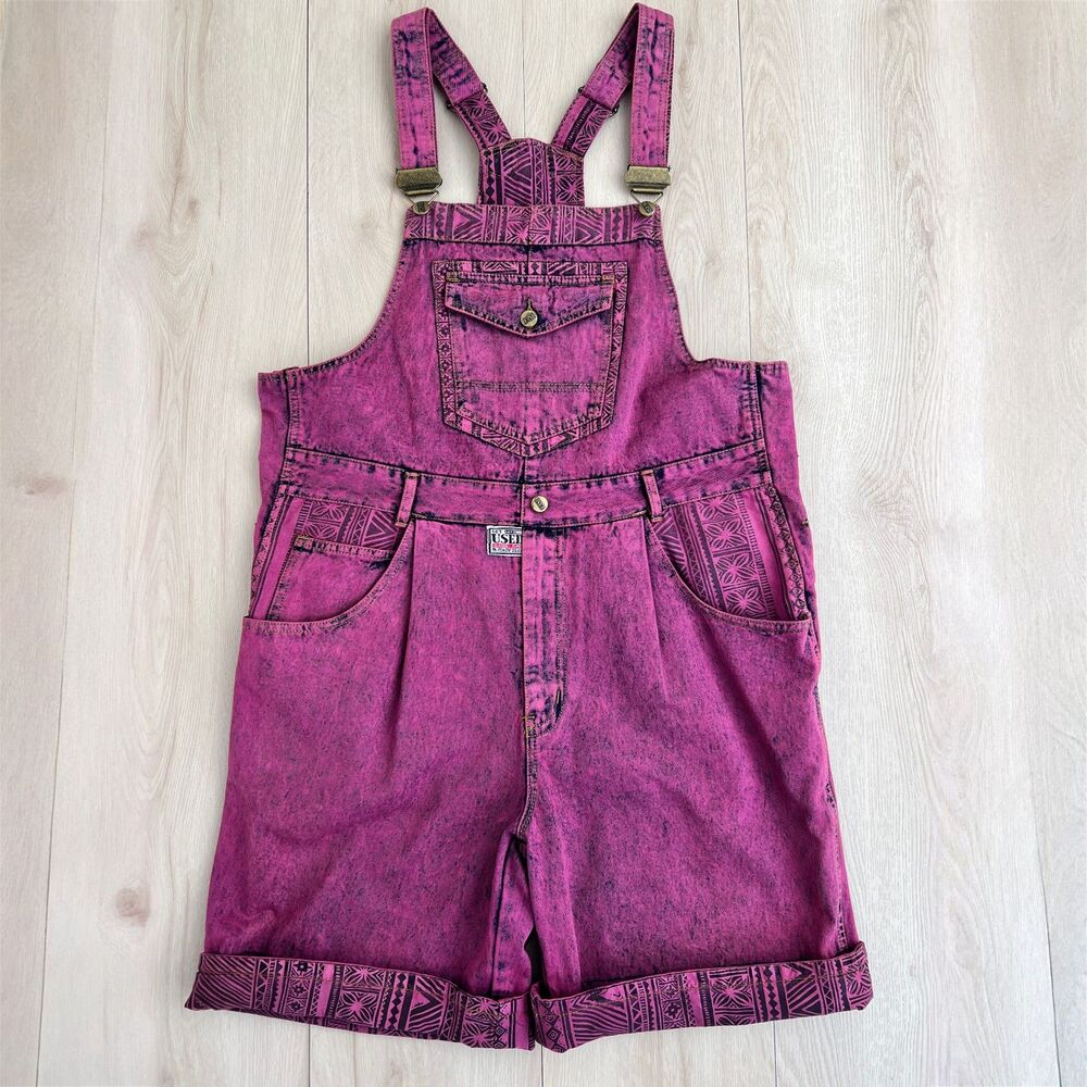 Vintage 90s Get Used By Elie RARE 100% Cotton Acid Wash Berry Short Overalls Lrg